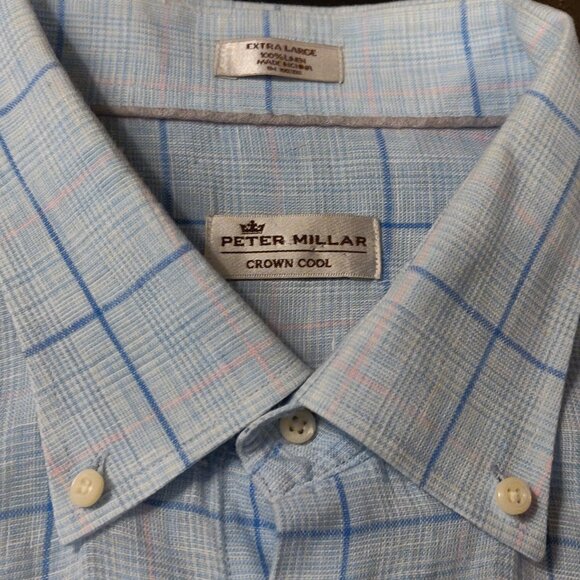 Peter Millar Crown Cool 100% Linen Light Blue Plaid Long Sleeve Button D… - Picture 4 of 7